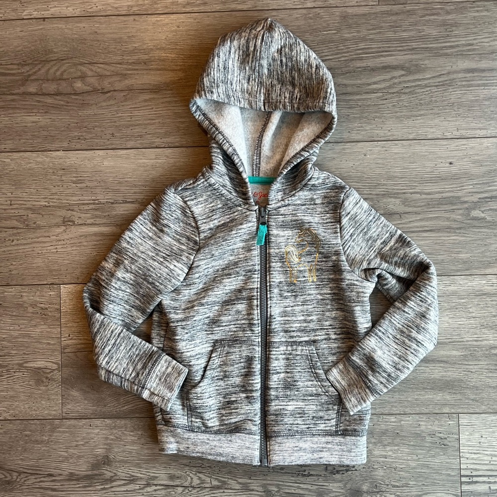Cat & Jack Toddler Girl Unicorn Full Zip Hooded Jacket Heather Gray Gold 5T